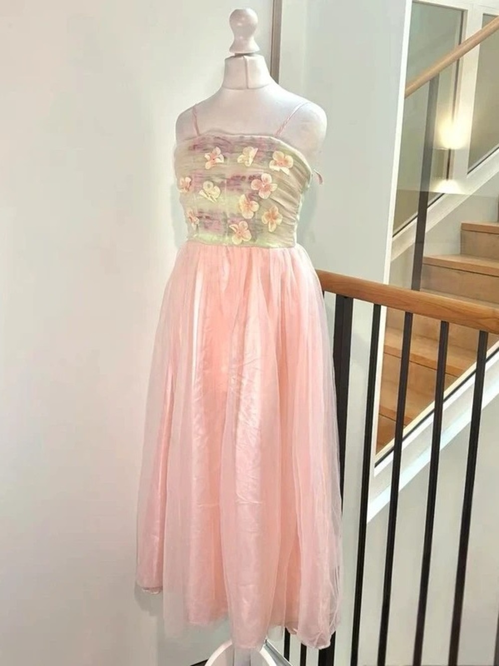 Pastel Pink and Cream Floral Maxi Dress with Tulle Skirt